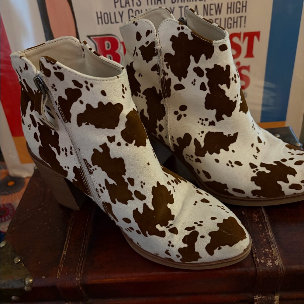 Altar'd State White and Brown Cow Print Ankle Booties
